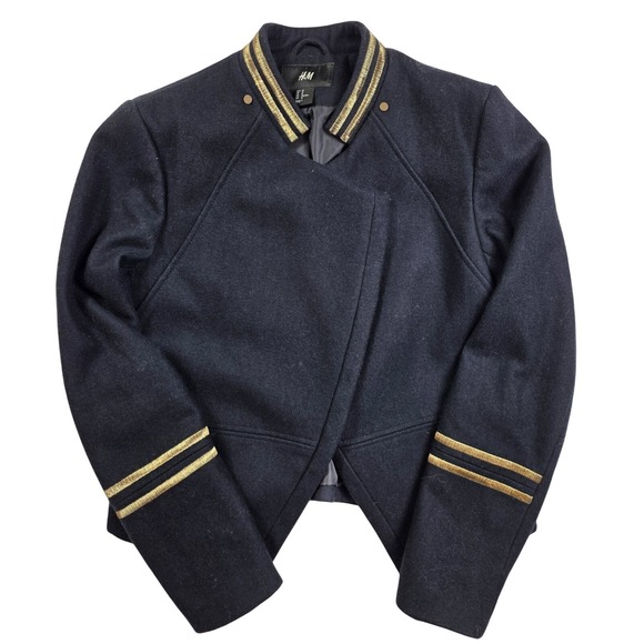 H&M Jackets & Blazers - H&M Wool Blend Navy Gold Trim Stitching Short Military Jacket Women's 12 / Large